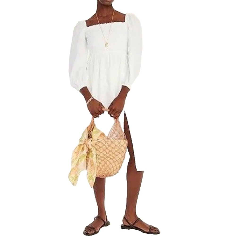 J.Crew 100% Linen Daydream Dress White Smocked Upper Midi Length Puff Sleeve